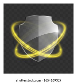 Icono de escudo transparente 3d con efecto dorado. Ilustración del vector