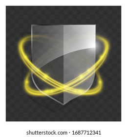 3d transparent shield icon with gold glowing effect. Vector illustration