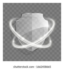 3d transparent shield icon with white glowing effect. Vector illustration