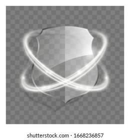 3d transparent shield icon with white glowing effect. Vector illustration
