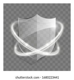 3d transparent shield icon with white glowing effect. Vector illustration