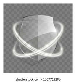 3d transparent shield icon with white glowing effect. Vector illustration