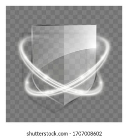 3d transparent shield icon with white glowing effect. Vector illustration