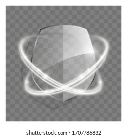 3d transparent shield icon with white glowing effect. Vector illustration