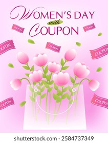 3d transparent shopping bag with flowers inside, coupons flying around, isolated on background. Women day gift voucher banner template in 3d vector illustration