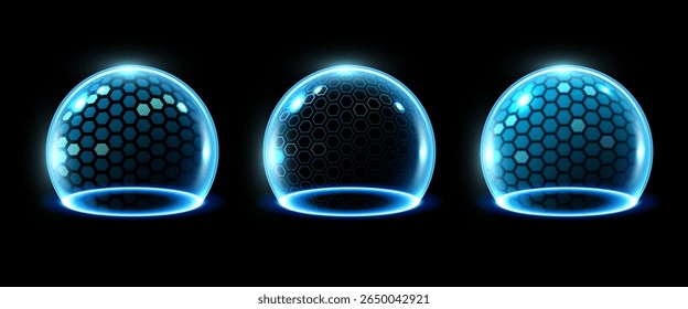 3D transparent sphere protection shield with hexagon pattern and neon glowing elements on dark background. Power energy barrier, force field, protection or defend concept. Vector illustration