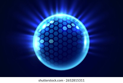 3D transparent sphere protection shield with hexagon pattern and neon glowing elements on dark background. Power energy barrier, force field, protection or defend concept. Vector illustration