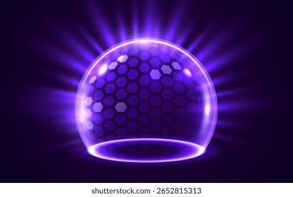 Escudo de proteção de esfera transparente 3D com padrão de hexágono e elementos brilhantes de néon no fundo escuro. Barreira de energia elétrica, campo de força, proteção ou conceito de defesa. Ilustração vetorial