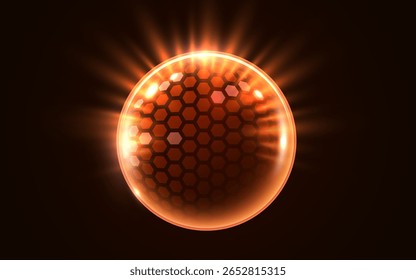 3D transparenter Kugelschutzschild mit Hexagon-Muster und neonglühenden Elementen auf dunklem Hintergrund. Energiebarriere, Kraftfeld, Schutz- oder Verteidigungskonzept. Vektorgrafik