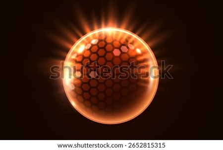 3D transparent sphere protection shield with hexagon pattern and neon glowing elements on dark background. Power energy barrier, force field, protection or defend concept. Vector illustration
