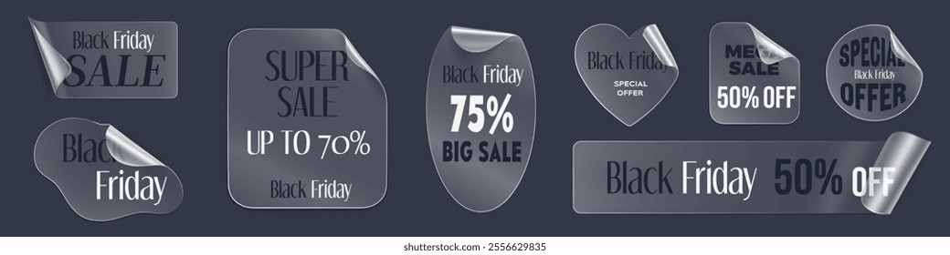 3d transparent sticker vector. Black Friday sale adhesive label. Realistic circle tag mockup with discount offer. Peel corner on strip tape piece set for promotion. Sticky and glossy overlay patch