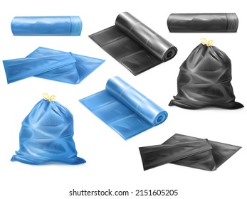 3d trash bags. Realistic polyethylene packaging for supplies kitchen trash or dustbin, mockup black plastic sack rouleau garbage isolated roll rubbish bag, tidy vector illustration