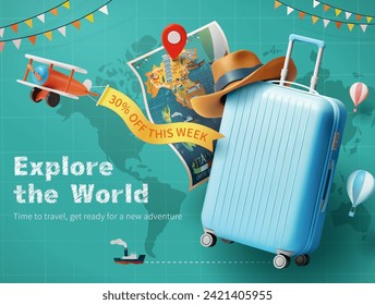 3D travel ad banner with blue luggage and travel decors on world map background