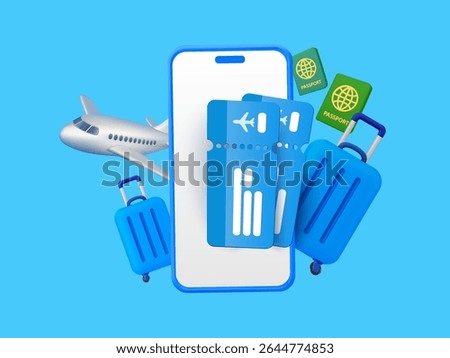 3d travel background template with airplane, smartphone, luggage and passports, isolated on background. 3d travel banner.