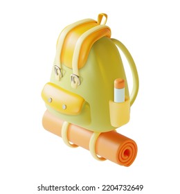 3d Travel Backpack Camping Concept Plasticine Cartoon Style Isolated on a White Background . Vector illustration of Rucksack with Sleeping Mat