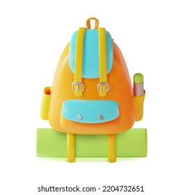 3d Mochila de viaje Estilo de caricatura de plástico con el concepto de camping con vistas frontales. Ilustración vectorial de la rocksack con la estera para dormir