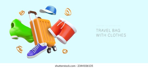 3D travel bag with clothes. List of things to take with you on trip. Vector concept for tourist site. Seasonal outfit. Shop of tourist suitcases and bags