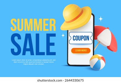 3d travel banner template with mobile phone, beach hat, umbrella and pool ball, isolated on background. Summer sale banner template in 3d vector