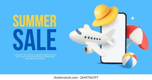 3d travel banner template with mobile phone, beach hat, umbrella and pool ball, airplane isolated on background. Summer sale background in 3d vector