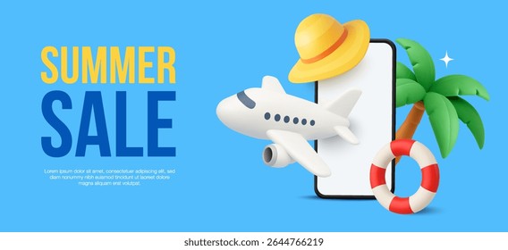 3d travel banner template with mobile phone, beach hat, umbrella and pool ball, airplane isolated on background. Summer sale background in 3d vector