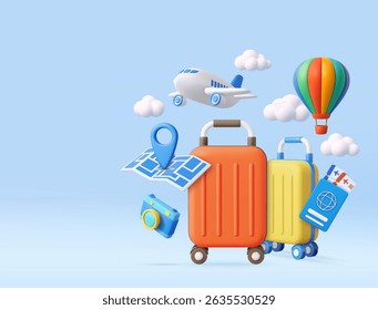 3D travel essentials including suitcases, airplane, hot air balloon, map, camera, passport, tickets, and clouds. 3d rendering. Vector illustration