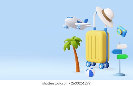 3D travel items including suitcase, airplane, map, palm tree, hat, camera, and beach ball. Summer Vacation and Tourism Concepts. 3d rendering. Vector illustration