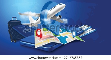 3D travel planning concept with airplane flying over smartphone with map and location pins. Online flight booking, vacation markers, passport, suitcase, and air tickets on blue world map background.