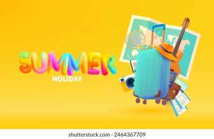 3D Travel and relax illustration. Summer vacation poster with blue suitcase, map and travel accessories.