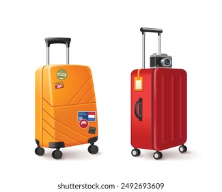 3d travel suitcase. Realistic luggage icon vector. Vacation baggage for summer holiday in yellow and red. Trip to beach with case and camera to carry. Journey accessory with handle and wheel