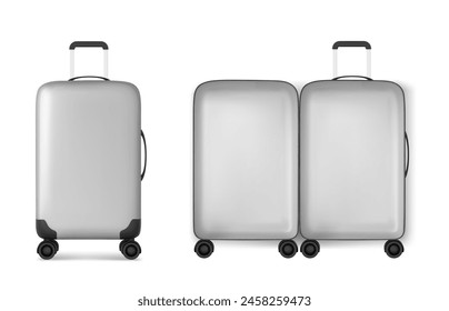 3d travel suitcase. Realistic silver luggage bag. Isolated baggage template icon for vacation trip to hotel. Open business plastic trolley render to carry with black handle and prepare for journey.