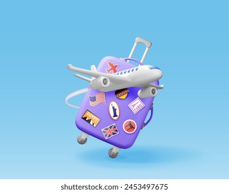 3D travel suitcase with stickers and airplane isolated. Render plastic bag. Travel or journey concept. Plastic case. trolley on wheels. Travel baggage and luggage. Realistic vector illustration