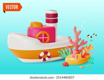 3d Travel and Tourism Concept Cartoon Design Style. Vector illustration of Ship Boat, Seaweed and Coral