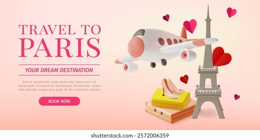 3d Travel and Tourism to Paris Concept Ads Banner Poster Card. Vector illustration of Tower with Plane and High Heels