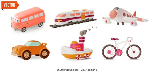 Concepto de transporte de viajes y turismo en 3D Estilo de diseño de dibujos animados Incluir de coche, avión y barco. Ilustración vectorial