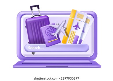 3D travel vacation ticket flight search vector online booking research hotel aeroplane data analysis. Tourism network marketing, internet journey planning, baggage, passport. Travel vacation clipart