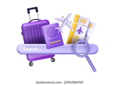 Análisis de datos del avión de la búsqueda en línea de entradas de vuelo vectorial de viajes 3D de viajes de vacaciones. Marketing de redes de turismo, planificación de viajes en internet, equipaje, pasaporte. Clientela de vacaciones de viaje