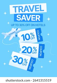 3d travel vouchers with coupon code, airplane isolated on background. Travel gift voucher banner template in 3d vector