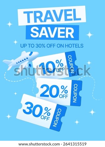 3d travel vouchers with coupon code, airplane isolated on background. Travel gift voucher banner template in 3d vector