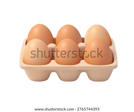 3d tray with six chicken eggs. Fresh organic product. Food, breakfast, ingredient, purchase. Cartoon plastic style. Icon for design on an isolated background. 3d rendering. Vector illustration