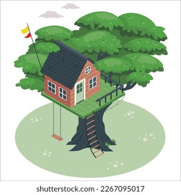 3d Tree house. House on tree for kids. Children playground with swing and ladder. Flat style vector illustration. Tree house Digital illustration of a cute little house on the tree with a swing.