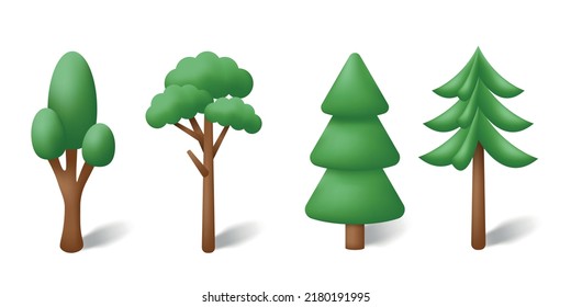 3d trees isolated on white background. Set of Volumetric images of plants. Garden, forest and park green tree. Vector illustration.