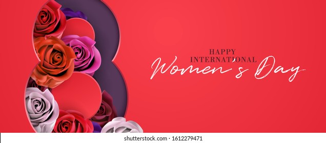 3d trendy 8 march international women's day banner with colorful rose flower background template vector