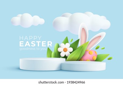 3D trendy Easter greeting with 3d product podium, spring flower, cloud, Easter egg and bunny. Spring floral Modern 3d Easter graphic concept. Vector illustration EPS10