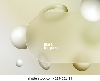 3d trendy and futuristic background with glass morphism. Frosted glass partition with colorful floating sphere and geometric shapes.