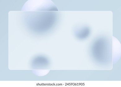 3D trendy and futuristic Glass morphism website landing page template. Frosted glass partition with floating blue spheres.