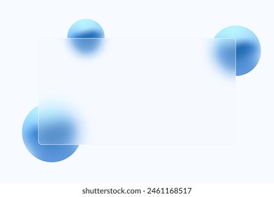 3D trendy and futuristic Glass morphism website landing page template. Frosted glass partition with floating blue spheres.