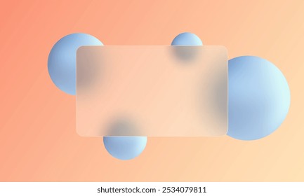 3D trendy and futuristic Glass morphism website landing page template. Frosted glass partition with floating spheres