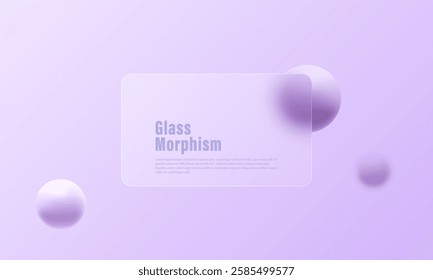 3d trendy and futuristic glass morphism website landing page template. Frosted glass partition with floating spheres.