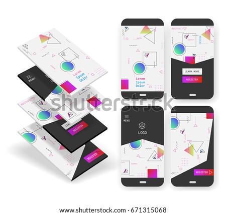 3d trendy mobile smartphone abstract background wallpaper screens kit, for startups and apps, with new retro 80s - 90s style design