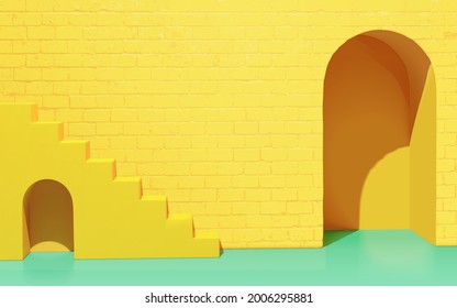 3d trendy scene design of yellow brick wall, arches and stairs. Creative background suitable for product display.